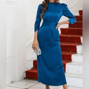 Blue mock neck satin dress